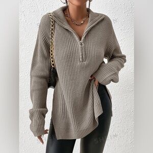 SHEIN Frenchy Half Zip Ribbed Knit Drop Shoulder Split Hem Grain Sweater